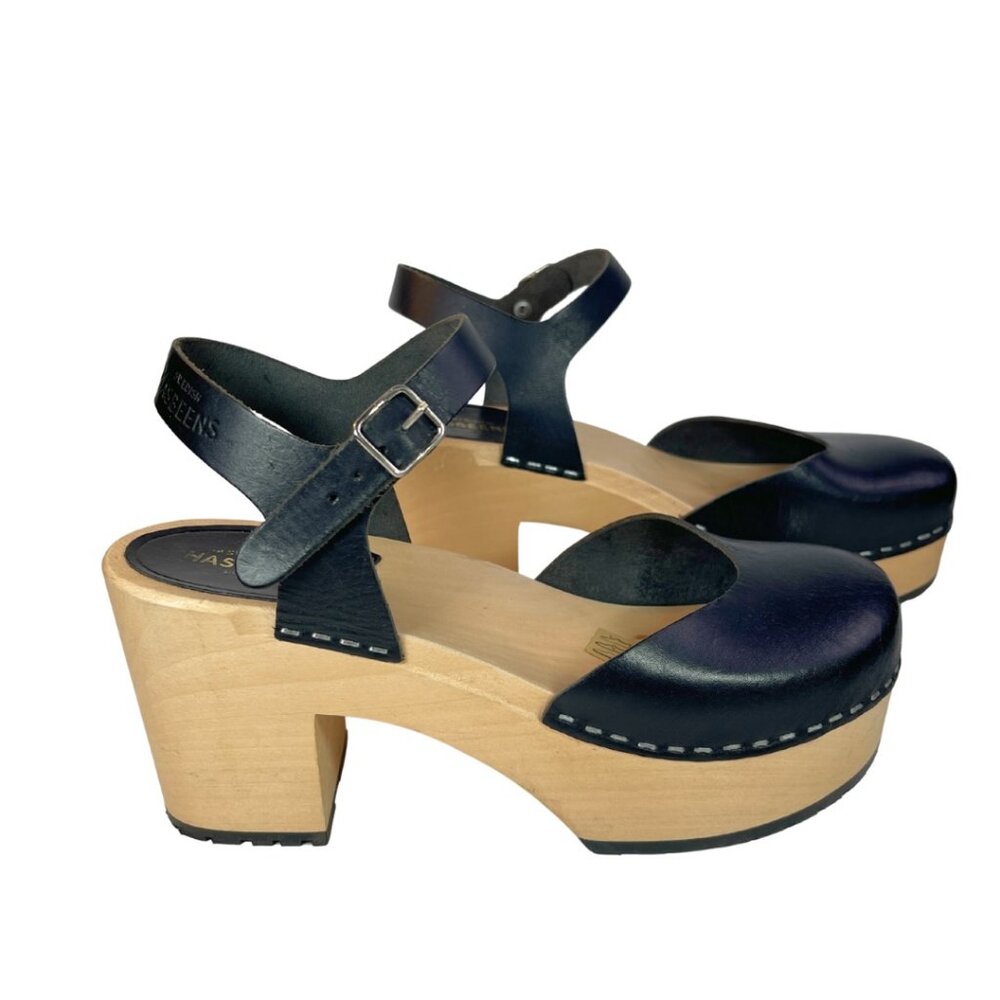 Beautiful SWEDISH HASBEENS Mary Jane Platform (38/7.5) Black Leather Ankle Heels